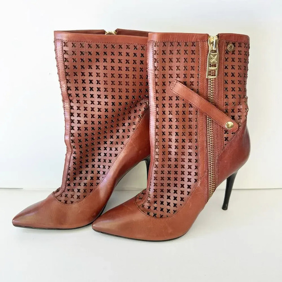 DONALD PLINER 7.5 Brown Heeled Perforated Lattice Ankle Stiletto Boots - Picture 1 of 8